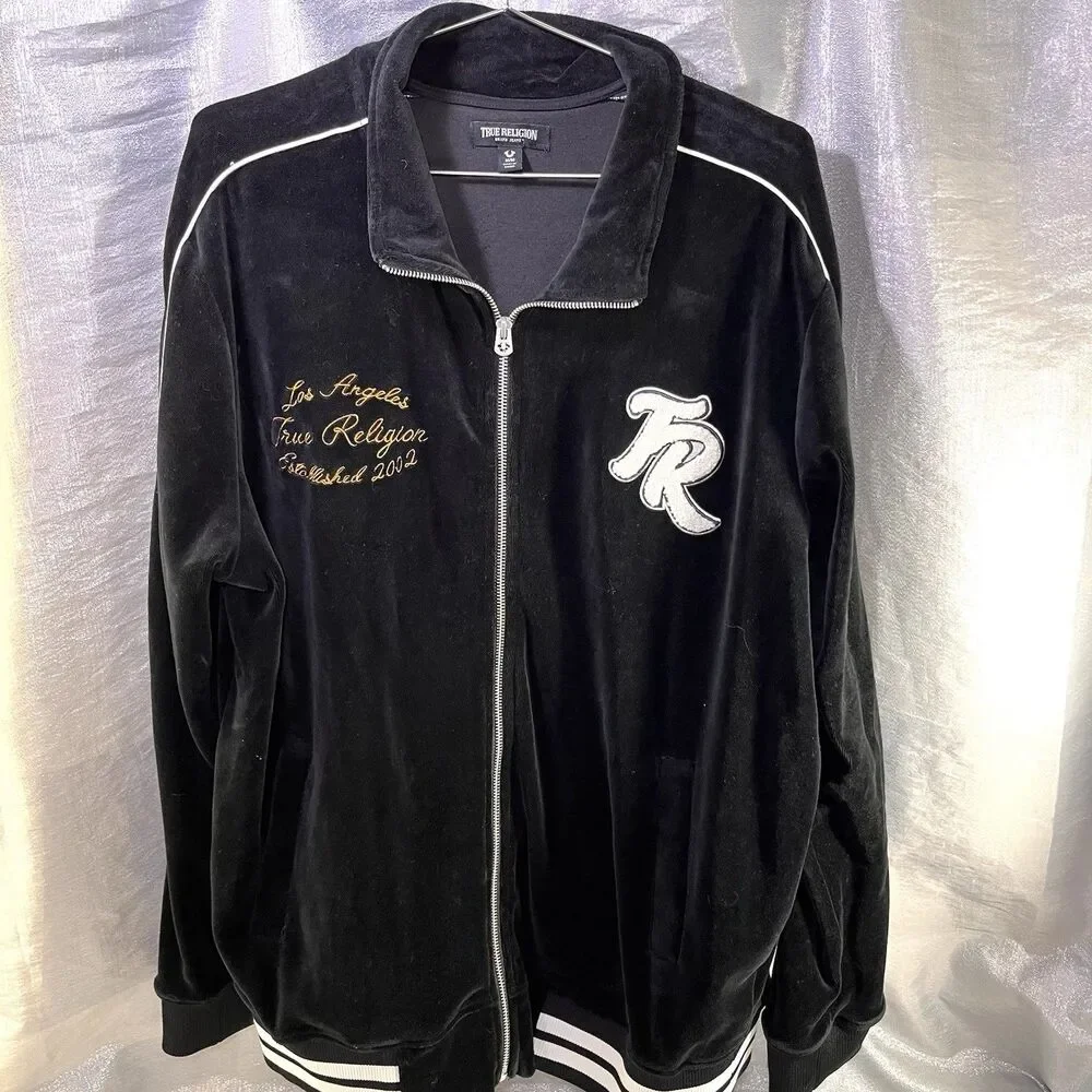 TRUE RELIGION Black Velour Track Jacket Streetwear Full-Zip Striped Men's Medium